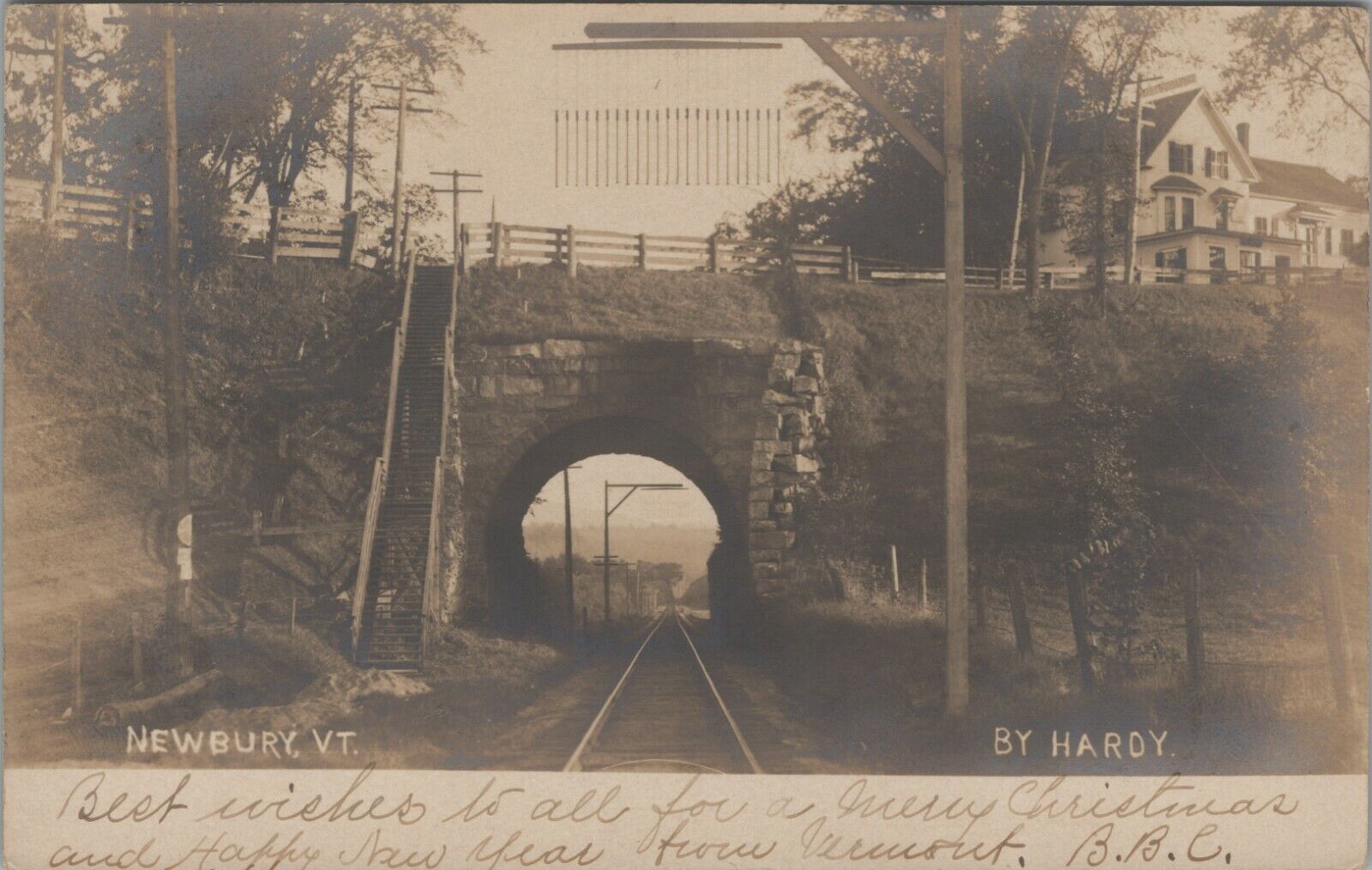 RPPC 1906 Newbury VT railroad train tracks underpass bridge Hardy photo F853
