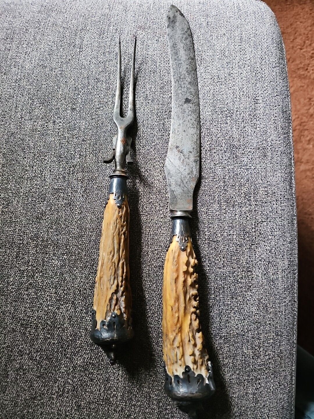 2 Pc Stag Antler Silver Carving Serving Set  Lees Knife Sterling 25 Bear Handle