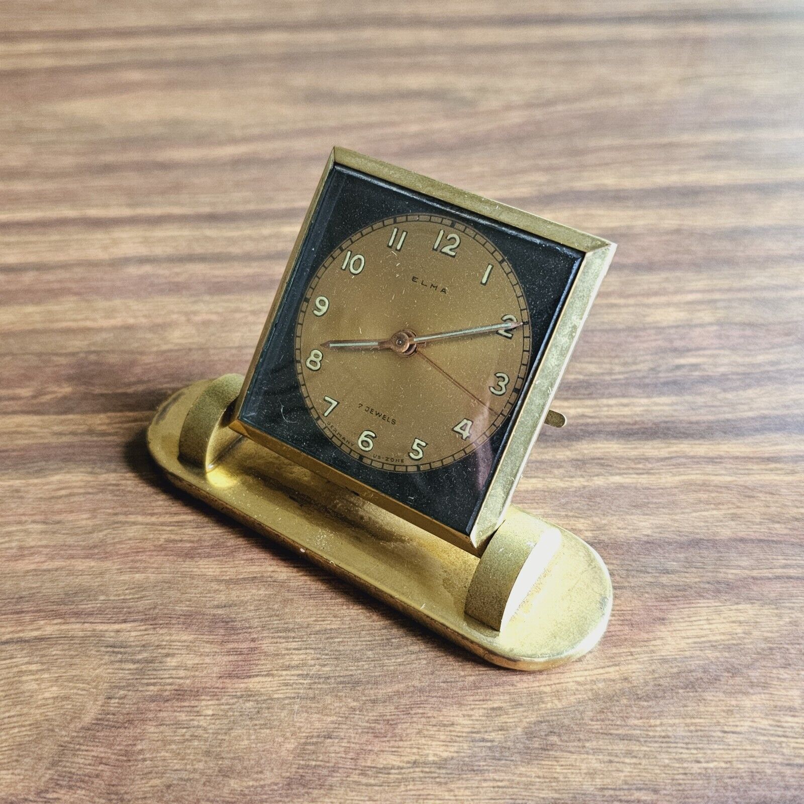Elma Desk Clock Brass Alexa Novelty Corp Germany US Zone - Not Working - Vintage