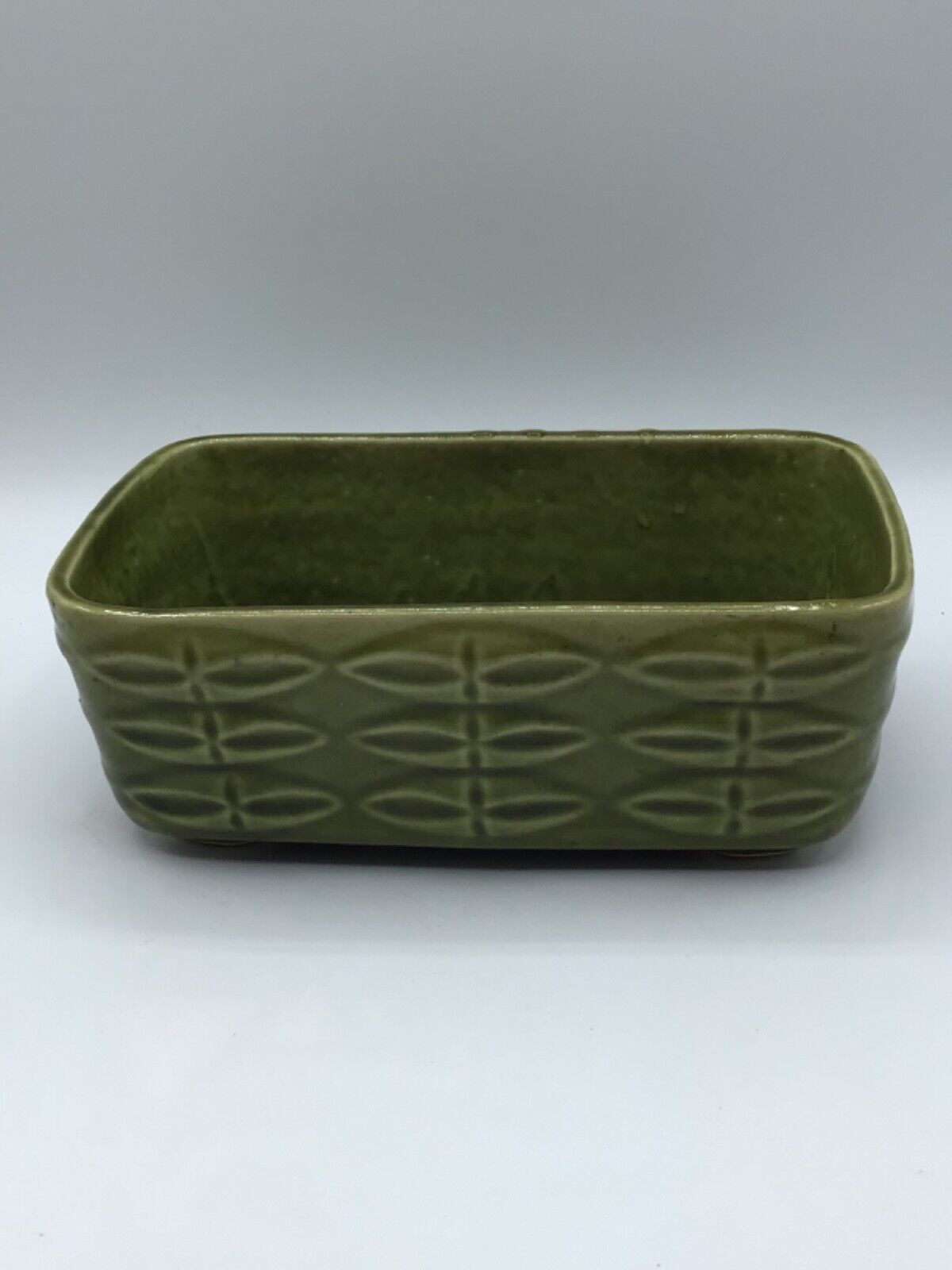 Vintage Mid Century Green Planter Rectangular Modern Leaf Design Footed Ceramic