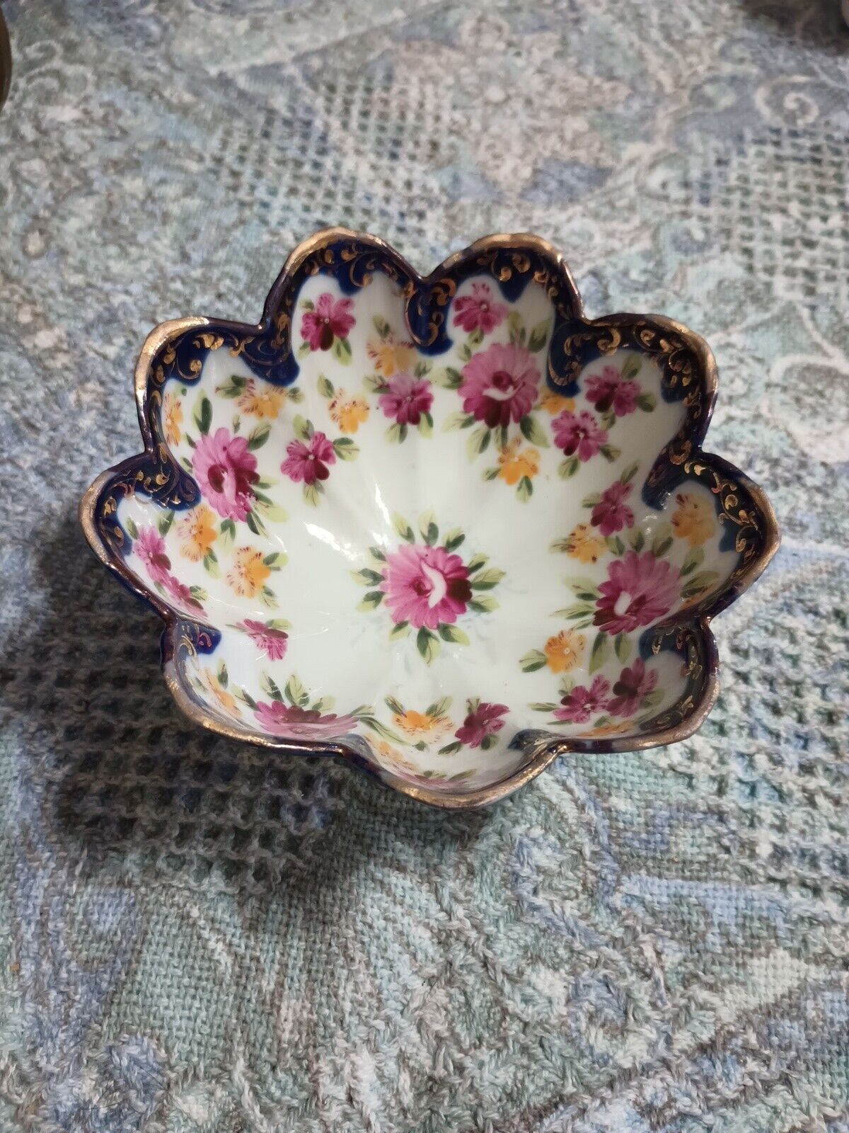 Vintage Likely Nippon Flow Blue Bowl with Pink Rose Decorations w/ Gold Trim