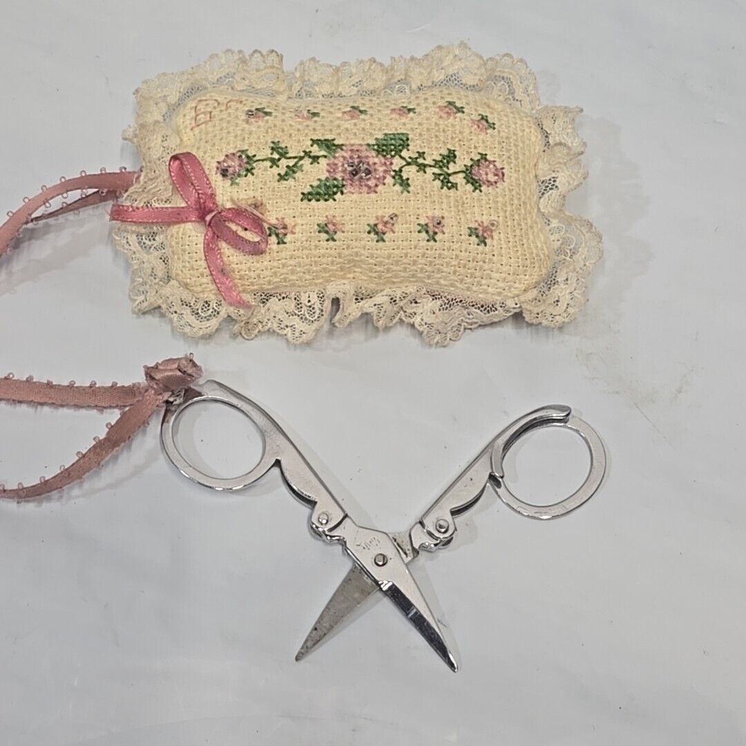 Vintage Cross Stitch Sewing Pin Cushion with Attached Portable Folding Scissors