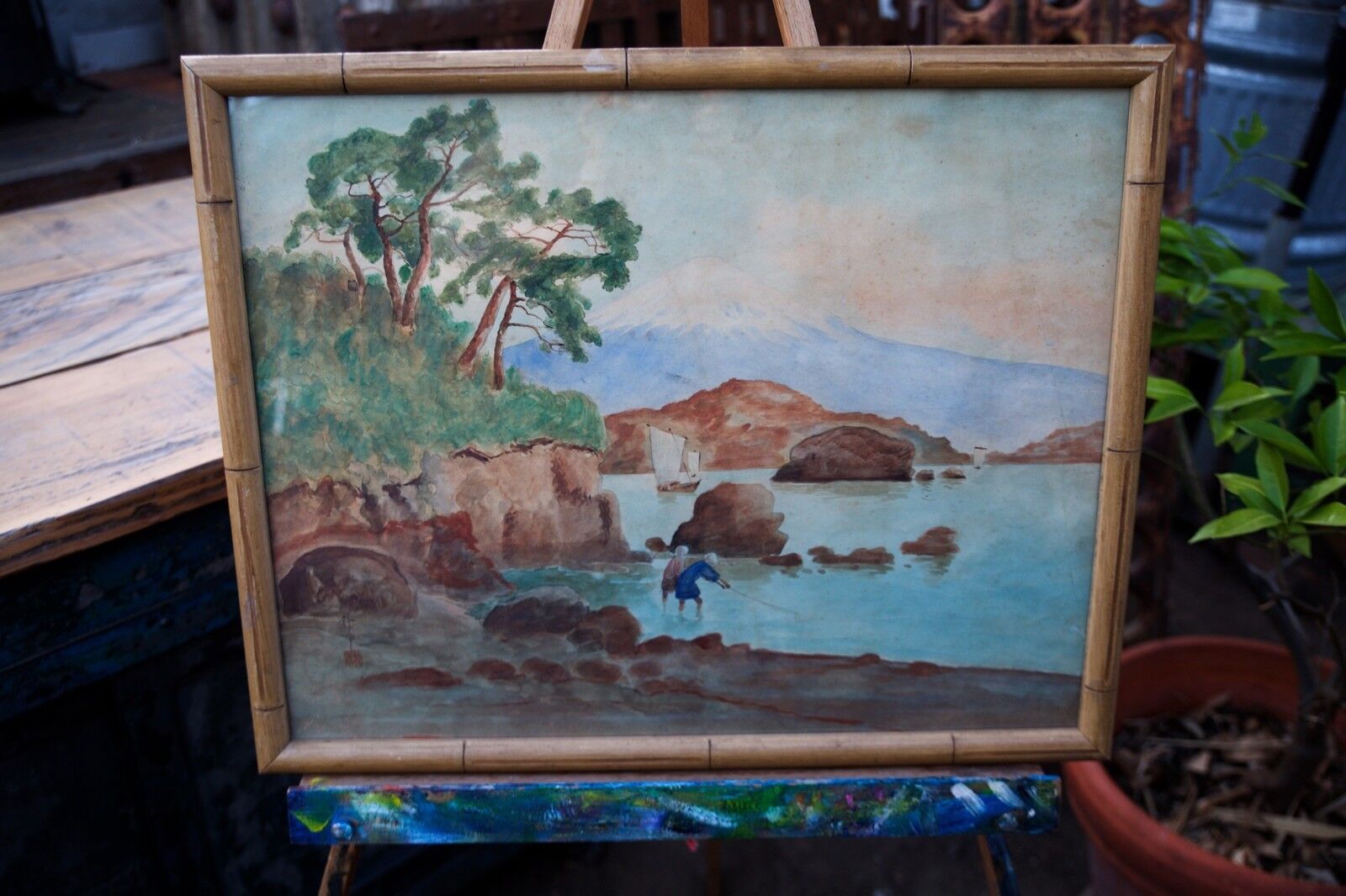 Vintage Asian Fisherman Original Watercolor Framed 20” by 25” (3 FP)