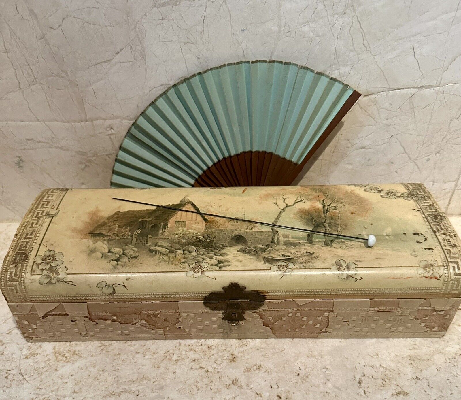 Victorian Glove Box With Hat Pin And Fan Original Contents Please See Pics As Is