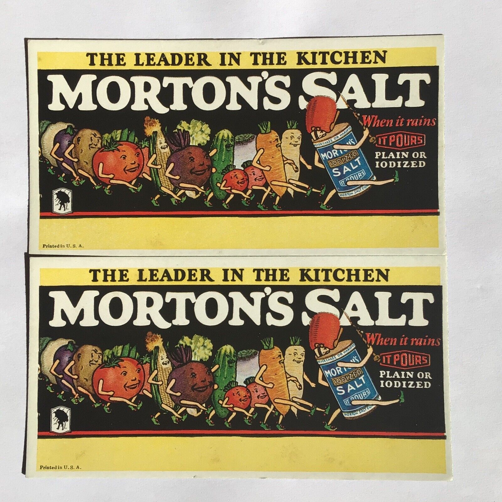 Morton Salt 1950’s Anthropormorphic Marching Vegetables Two Advertising Cards