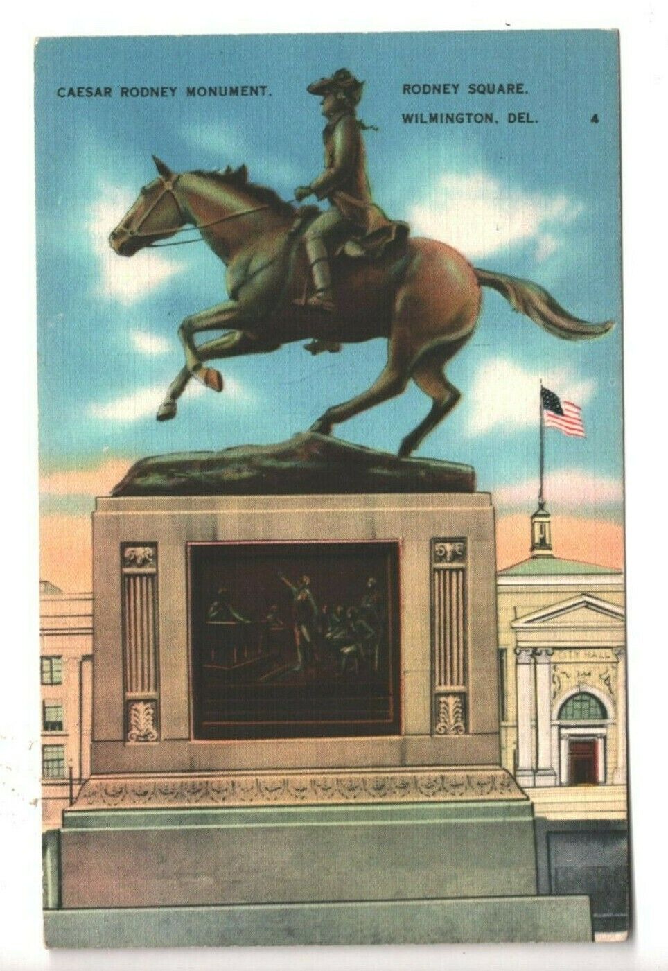 c1940s Linen Postcard Wilmington DE Delaware Caesar Rodney Monument Square