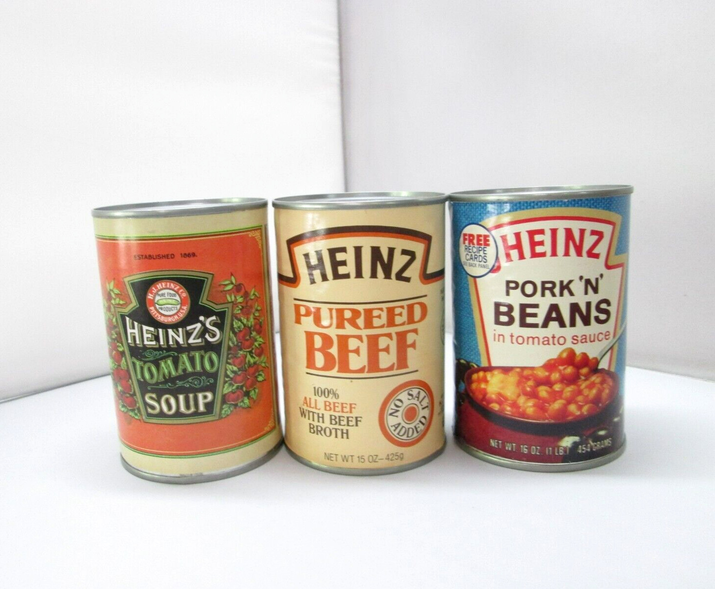 Vintage 1980’s (3) Heinz Tin Can Coin Banks Tomato Soup, Pork 'N' Beans and Beef