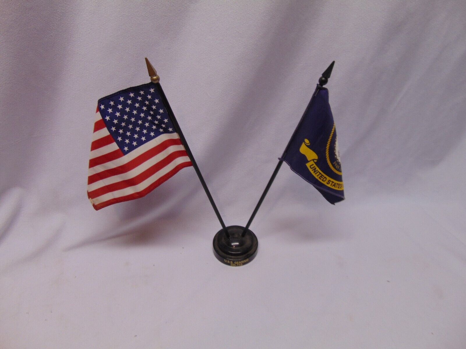 Original 1975 U.S.S. Gearing DD-710 USA & Navy Flag with stand 11