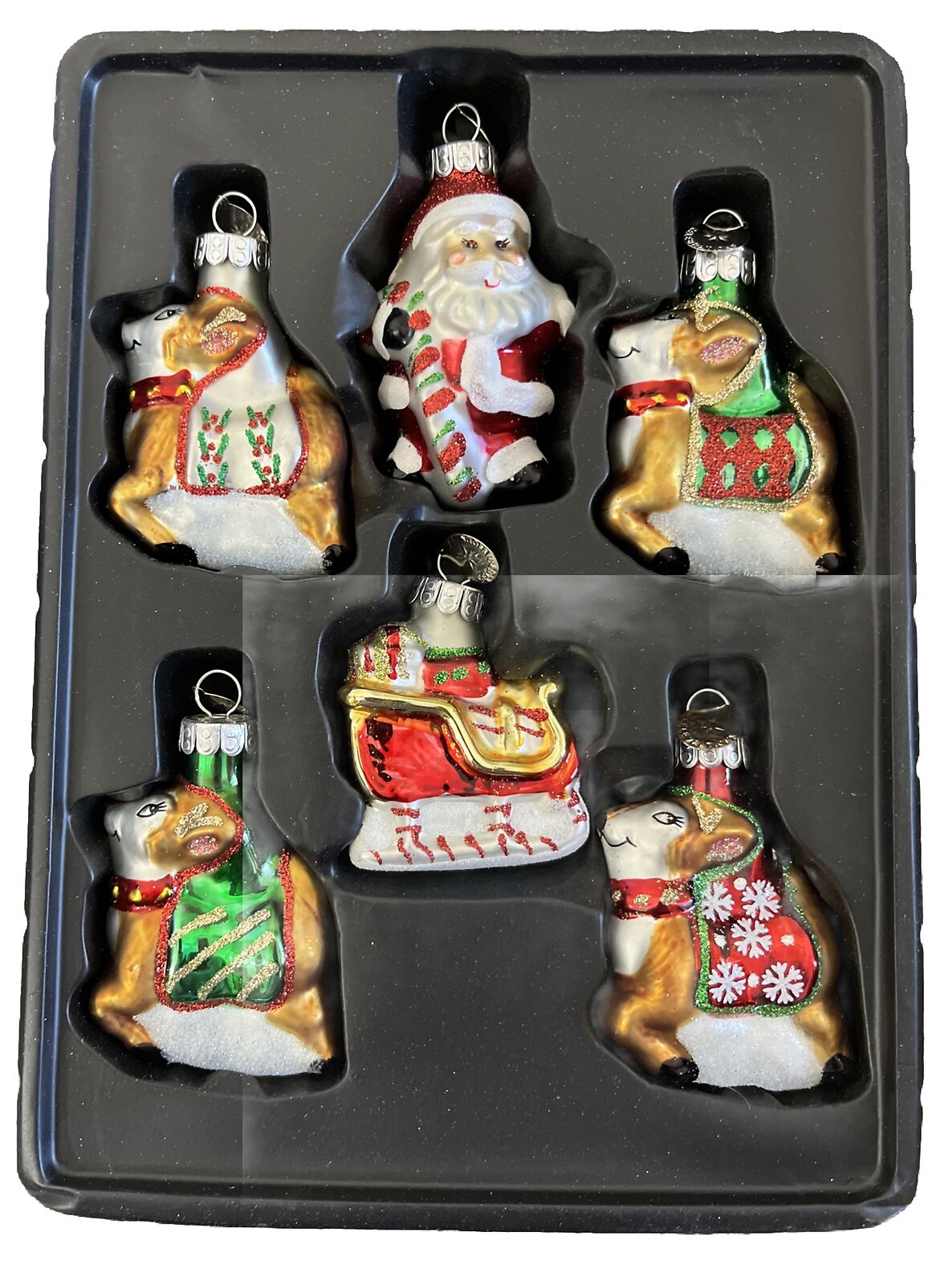 Celebrations by Radko 6 Glass Christmas Ornaments Santa, Sleigh, 4 Reindeer 2014