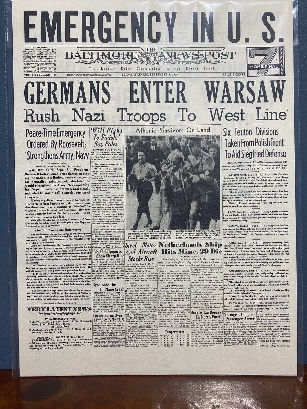 VINTAGE NEWSPAPER HEADLINE ~ GERMANS ENTER WARSAW POLAND 1939 NAZI TROOPS WW2