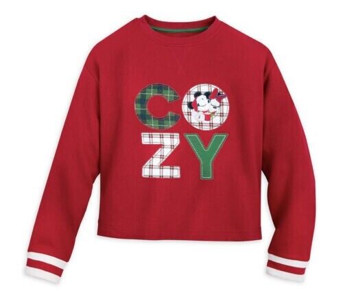 DISNEY Red COZY Mickey Minnie Holiday Pullover Sweatshirt Women\'s L Boxy Cut NWT