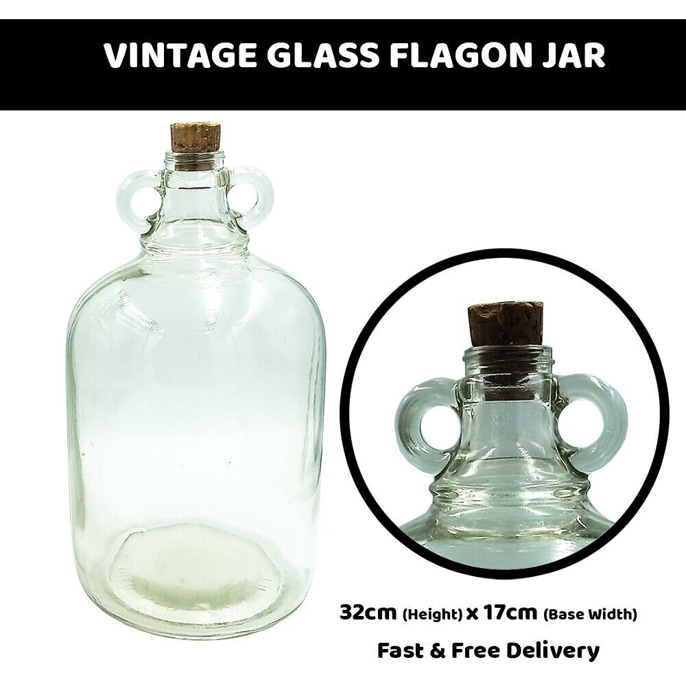 Vintage Glass Flagon Jar - Cork Lid - Large - 32cm x 17cm