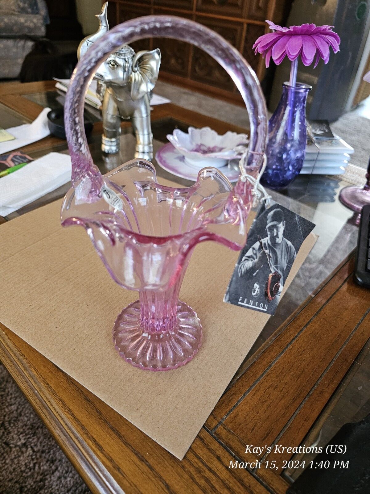 Fenton glass basket in dusty rose ruffled edges iridescent opalescent