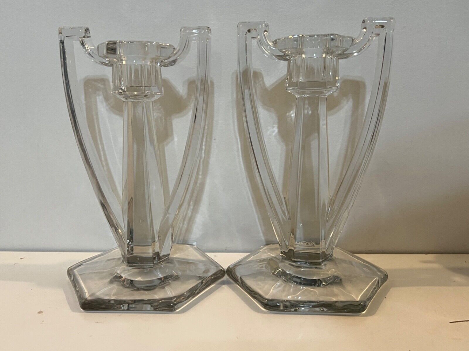 Vintage EAPG Pair of Clear Art Glass Chippendale Candlesticks