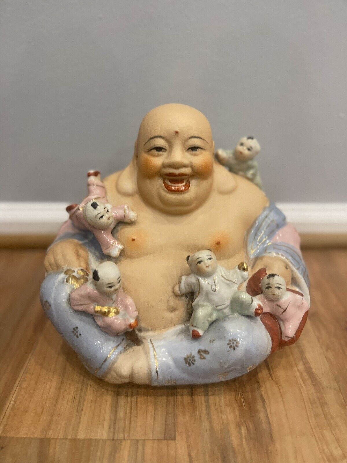 Vintage Porcelain Chinese Happy Budda with Children Hanging on him