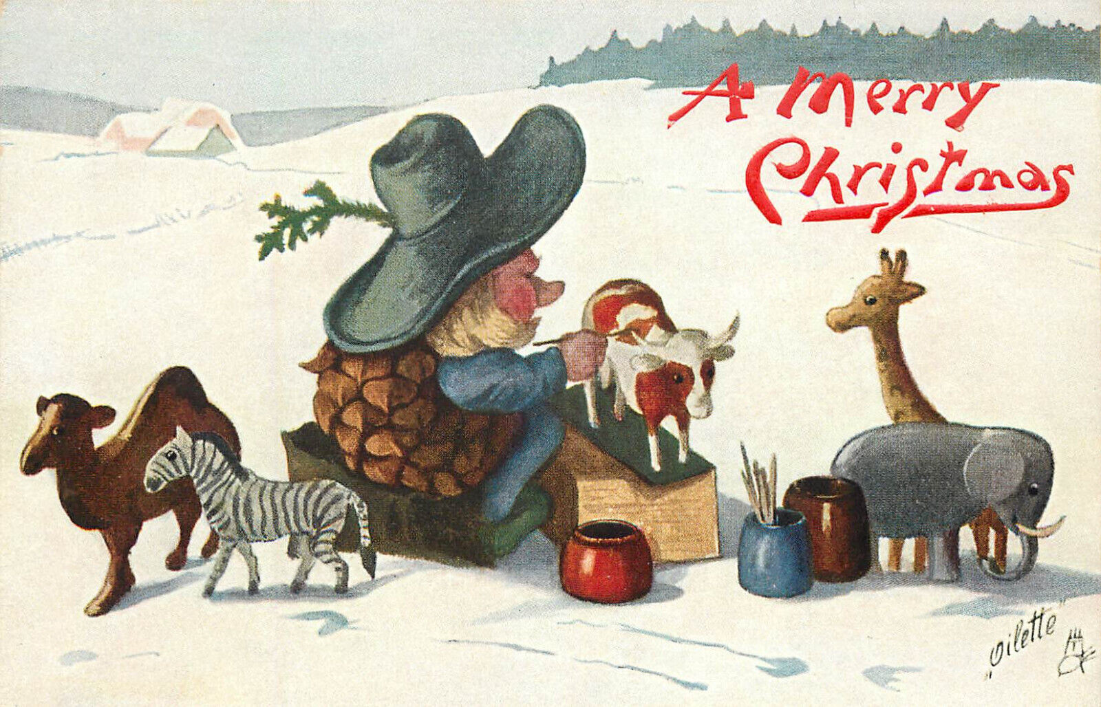 Tuck Christmas Postcard C1883 Pine Cone Man Sits in Snow Painting Toy Animals