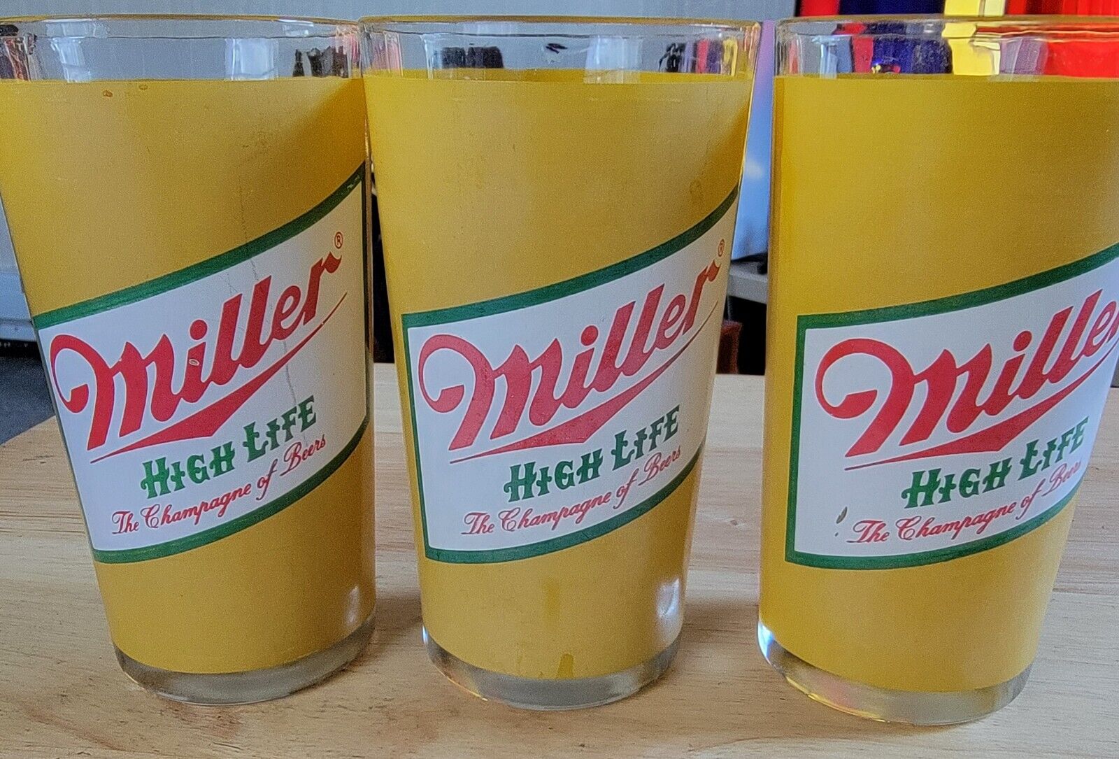 Vintage Set of 3 Miller High Life Champagne of Beer Advertising 10oz Bar Glasses