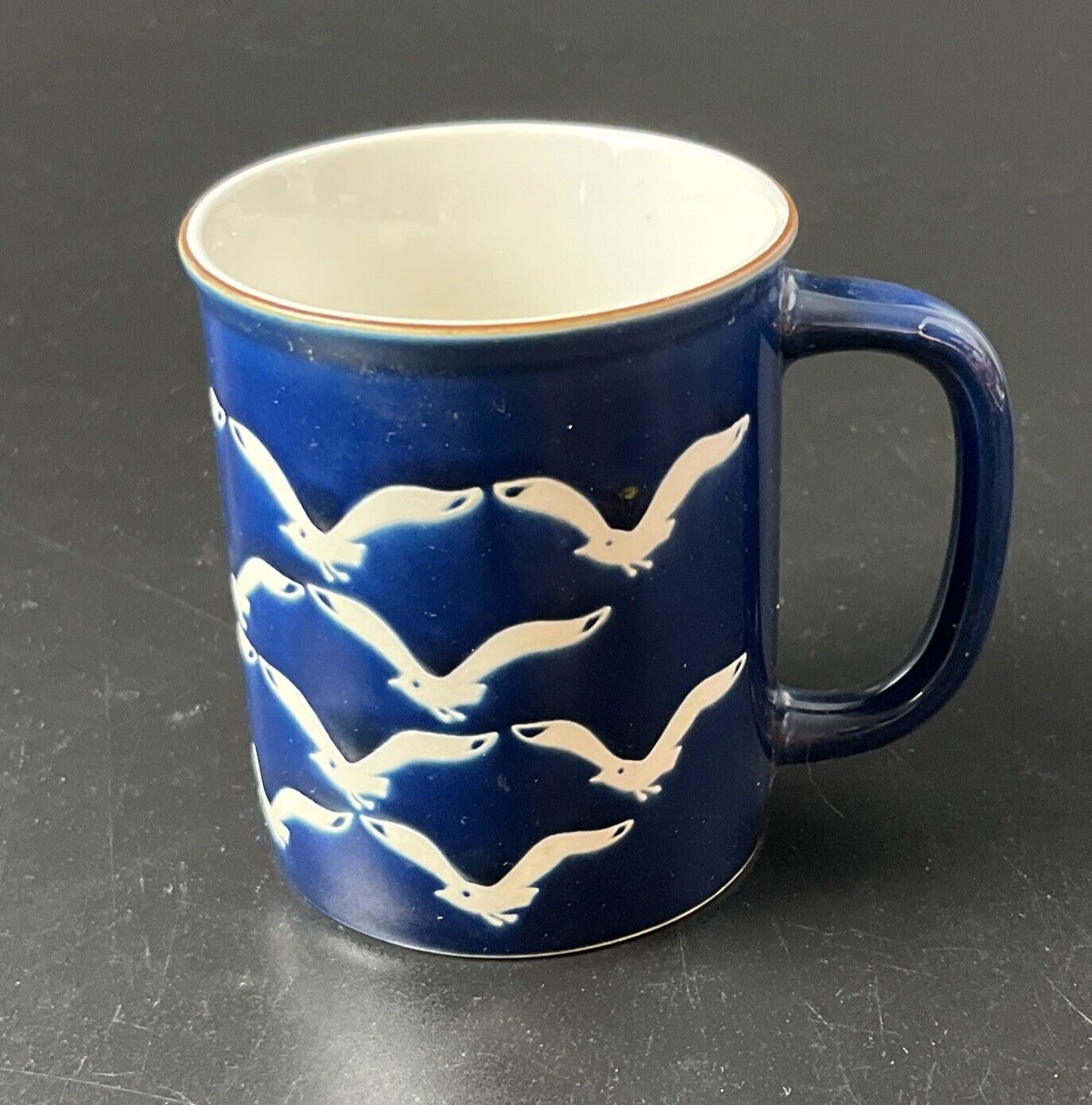 Vtg Otagiri Flock Seagulls Stoneware Coffee Mug Cup Navy Blue & White Nautical