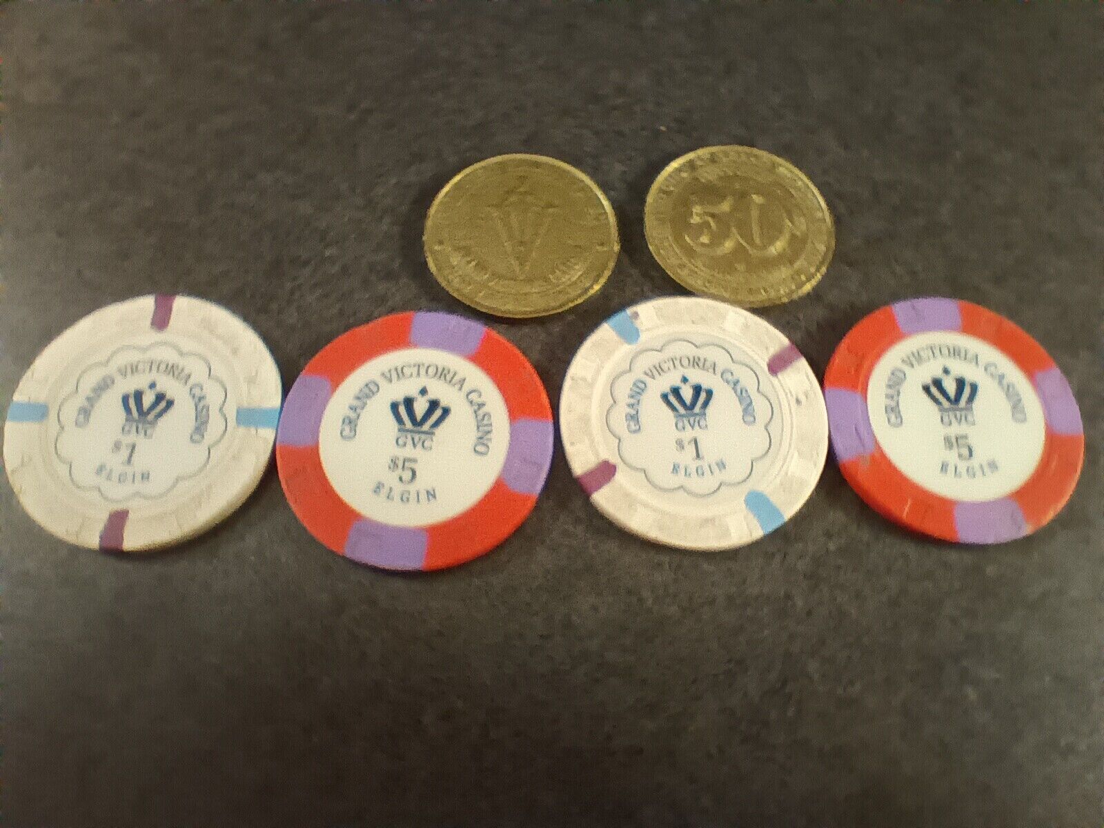 Vintage Grand Victoria Casino Elgin Illinois Chips And Coins From 1996.