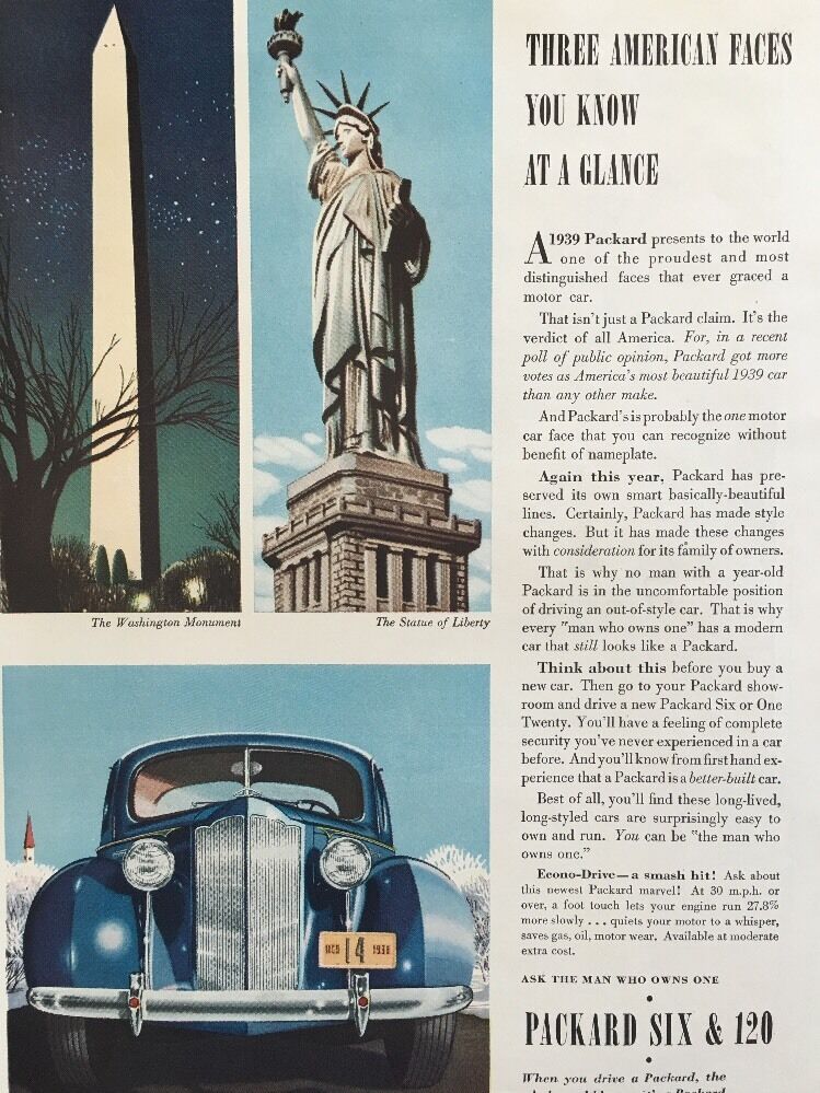 1939 Packard Six Color Car Ad Statue of Liberty Washington Monument Auto Advert