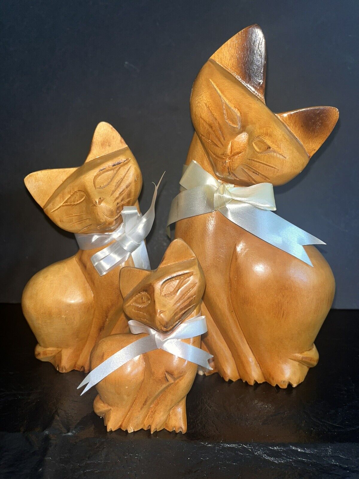 Hand Carved Wood Cat Family Figurines 8 1/2\