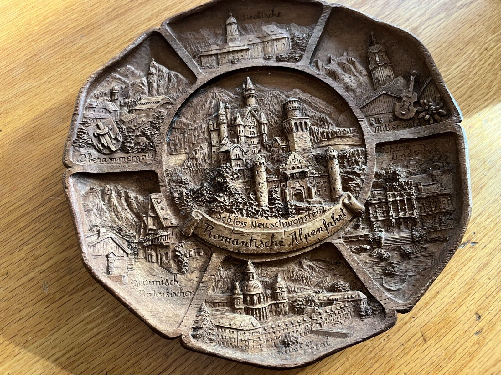 Vtg Neuschwanstein Castle Germany Carved 3D Wood Resin Wall Plate 9”