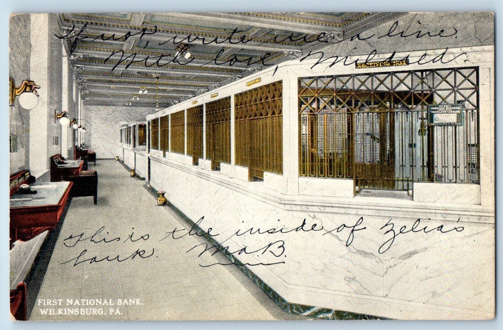Wilkinsburg Pennsylvania PA Postcard First National Bank Interior Building c1918