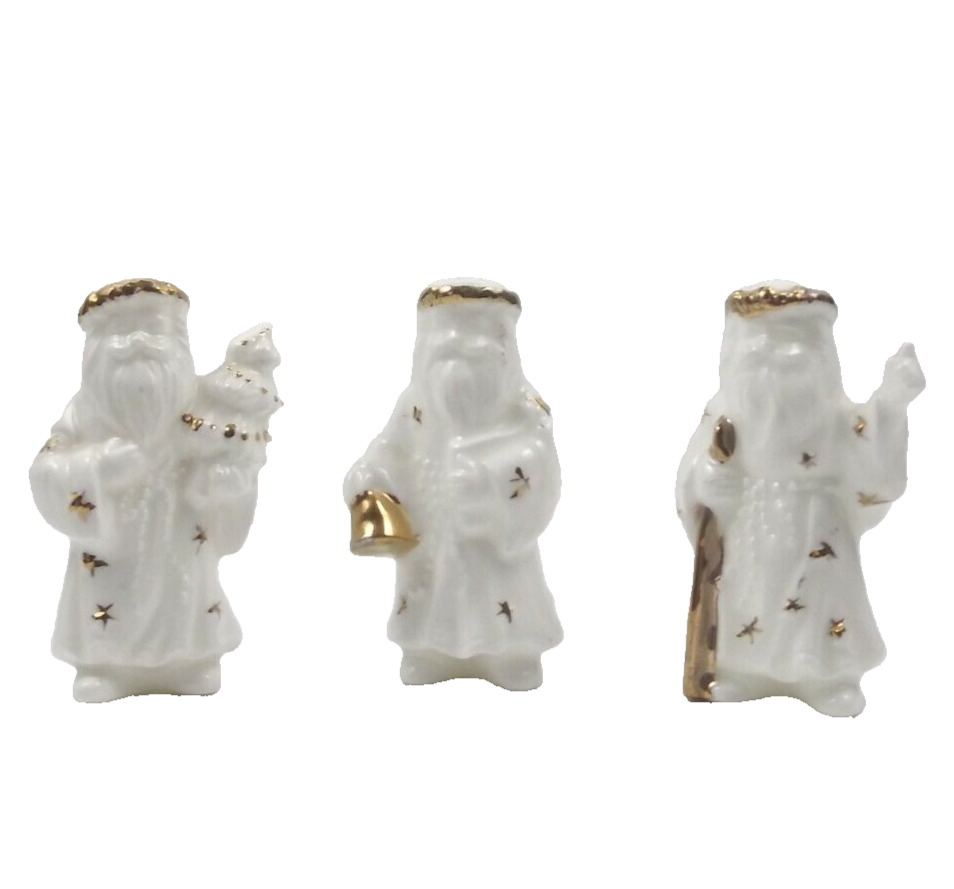 Vintage Mid Century Santa Figurines White Gold Bone China Porcelain Stars 3