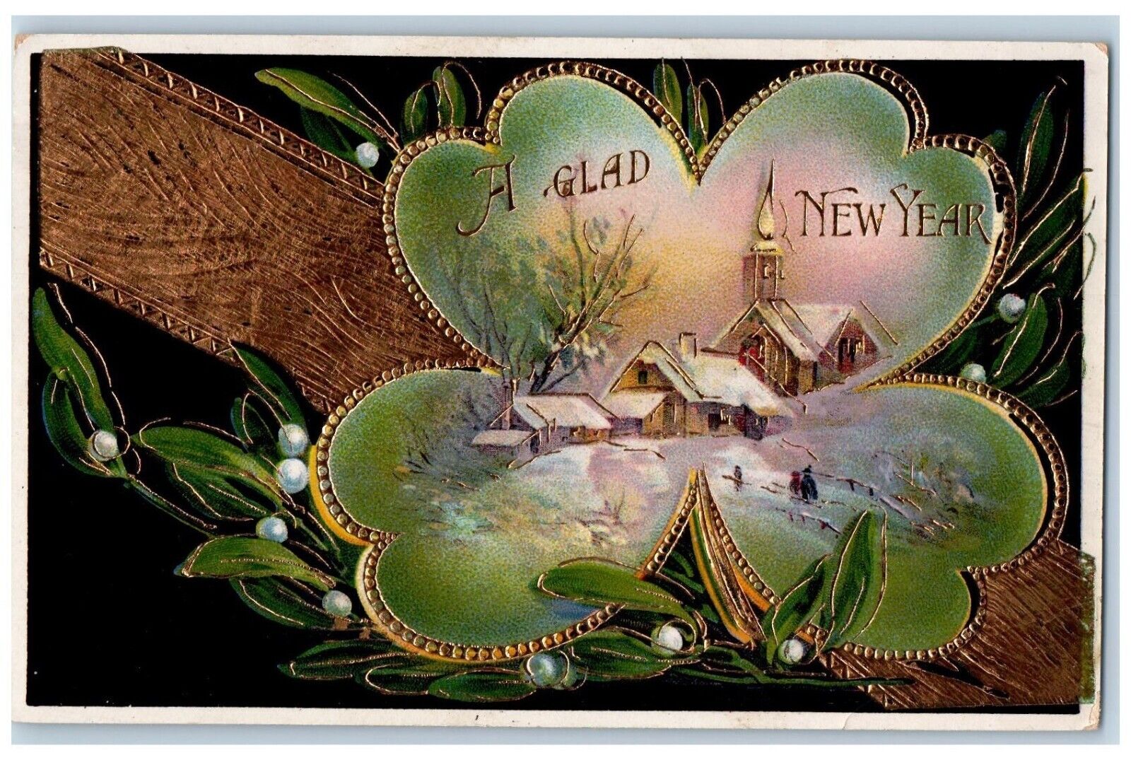 Dallas OR Postcard New Year House Church Mistletoe Winter Gel Gold Gilt Embossed