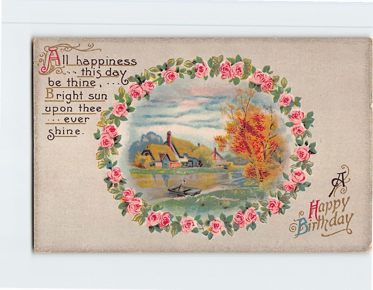 Postcard A Happy Birthday Countryside Scene Flower Art Print Embossed Card