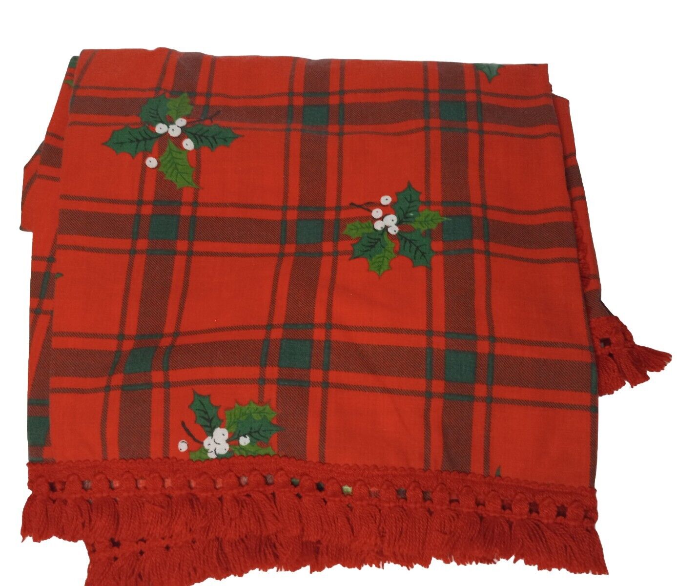 Vintage Red Holly Christmas Tablecloth With Tassel Trim Homemade  Rectangular