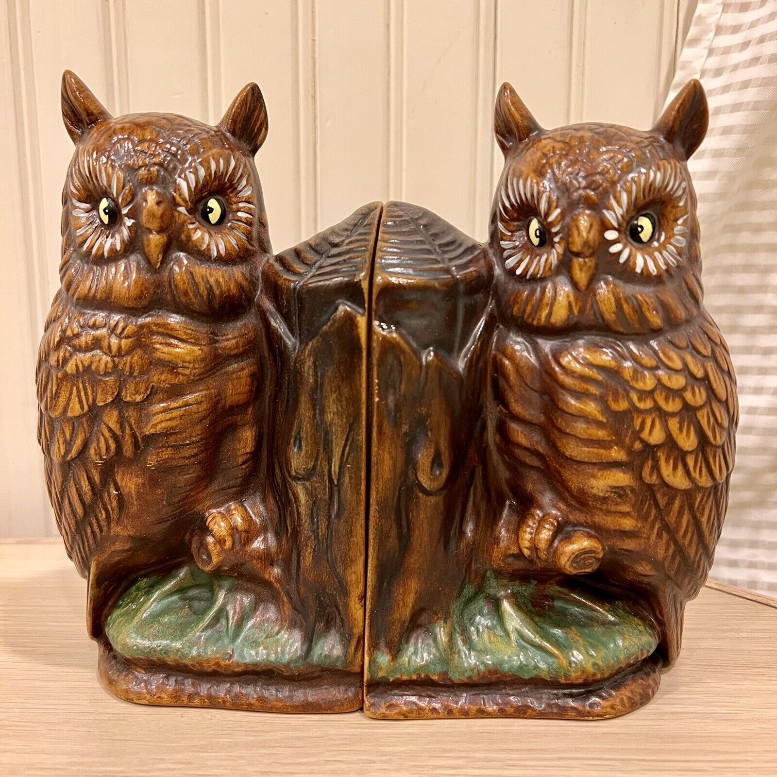 Vintage Owl Bookends MCM Ceramic Figurines Brown Home Decor Wildlife