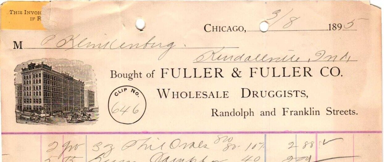 Vintage BILLHEAD*1895 FULLER & FULLER WHOLESALE DRUGGEST*medical*medicinal *J17