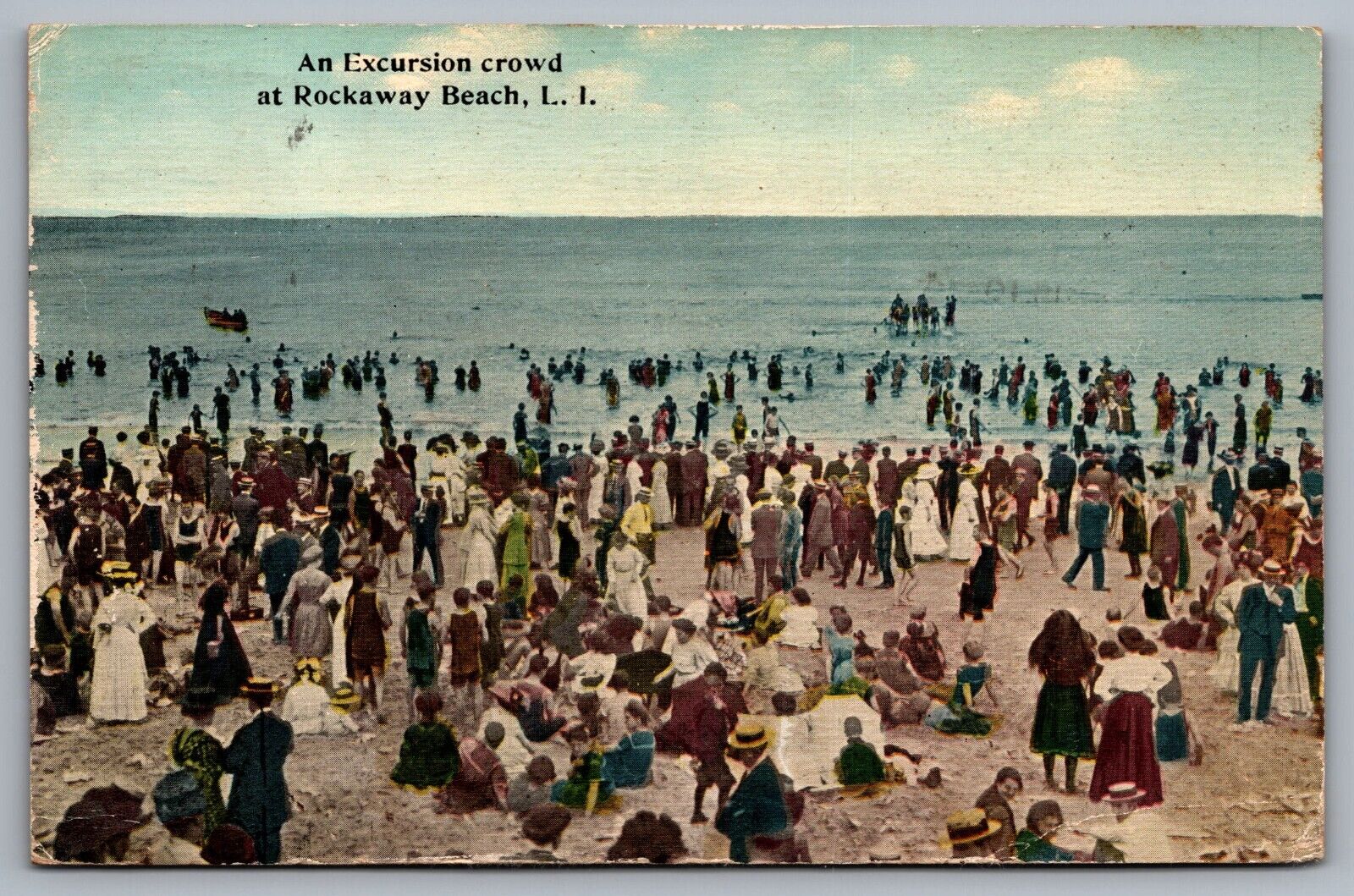 An Excursion Crowd at Rockaway Beach L. I. New York — Antique Postcard c. 1914