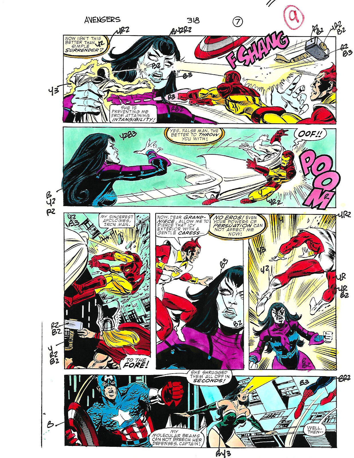 Original 1990 Avengers color guide art: Thor,Iron Man,Captain America,Spider-man