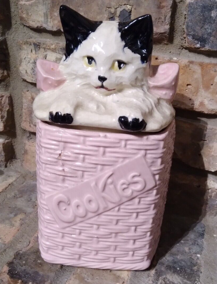 McCoy Kitty Pink Cookie Jar Vintage Black and White Kitty McCoy USA Kitten 
