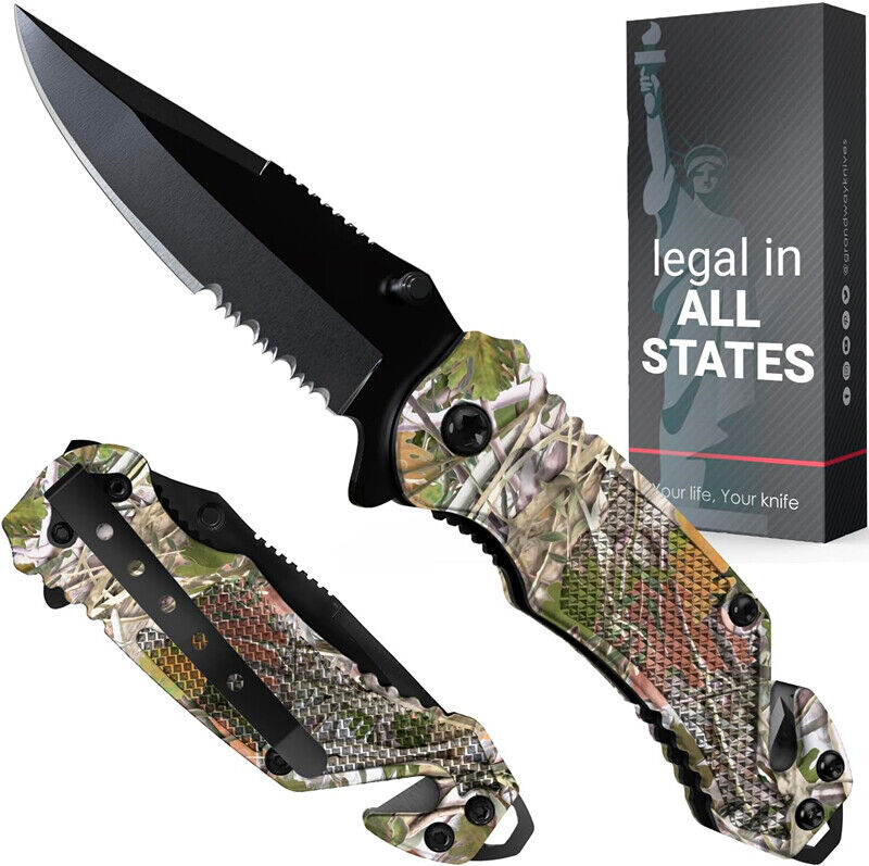 Camo Folding Knife Military Style Sharp Tactical Knives Hunting Work Indoor 