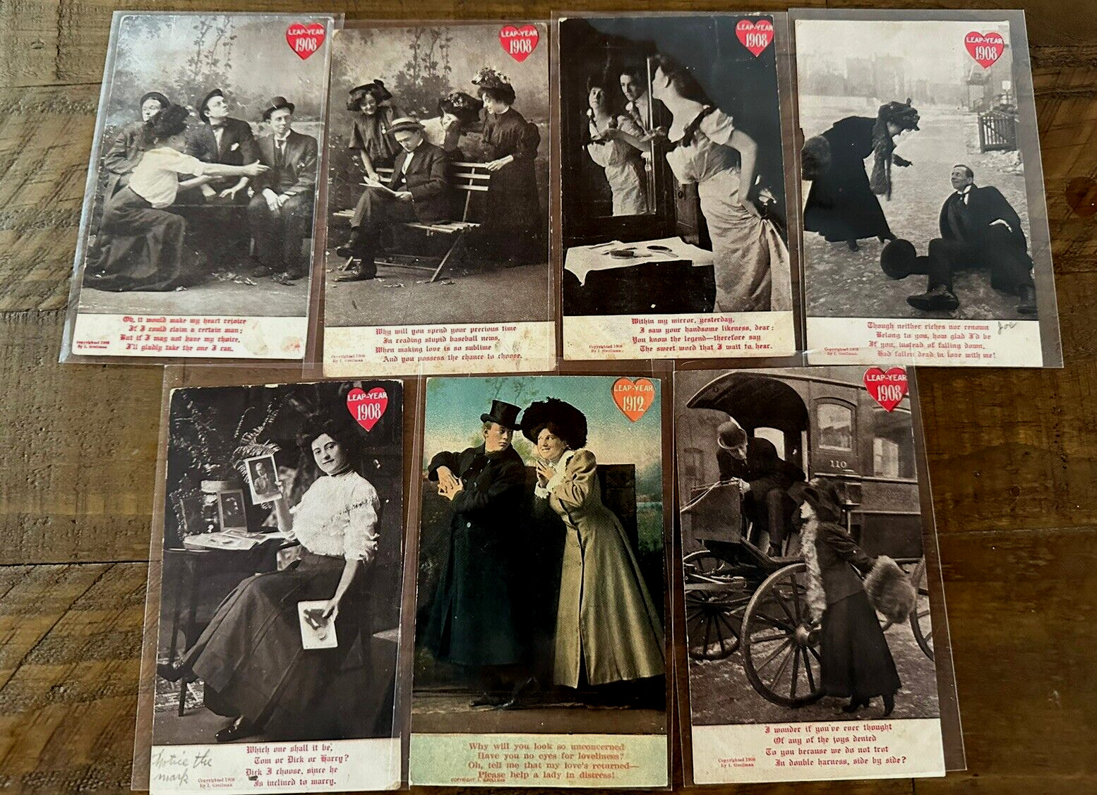 Lot of 7 Leap Year Early 1900's Romantic Men & Women~ New Year's Postcards~h498