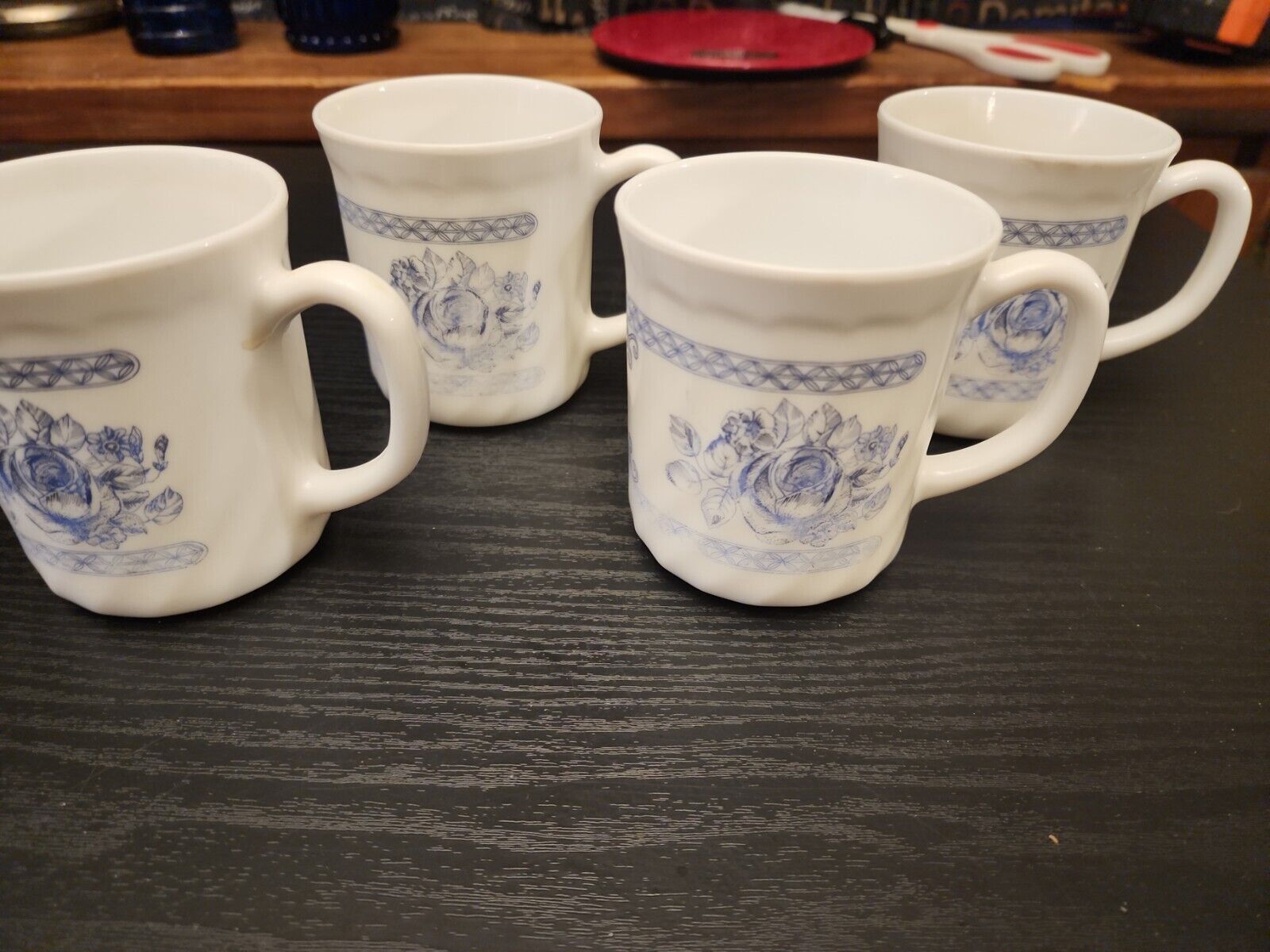 Vintage Arcopal Honorine Mugs White with Blue Floral French Country Set of 4 (1)