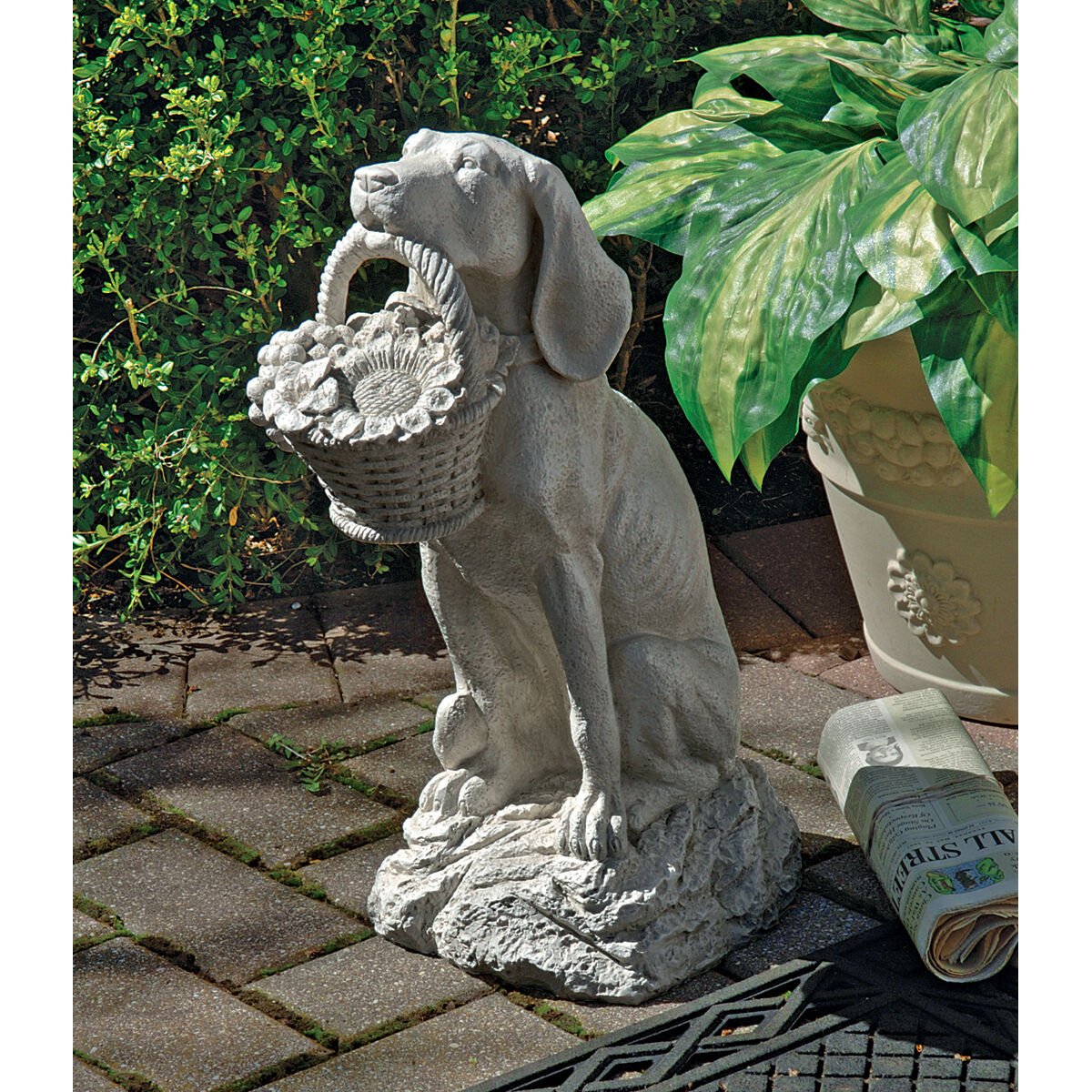 Basket of Flowers Man's Best Friend Canine Companion Dog Sculpture Home Decor