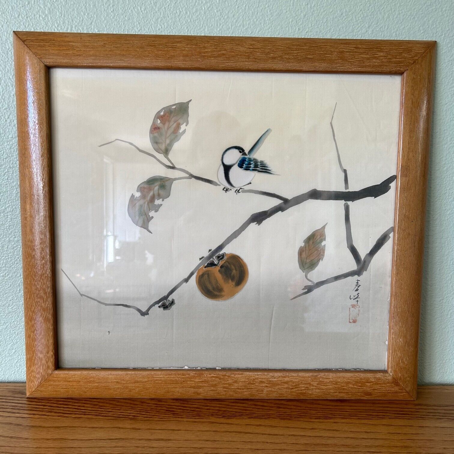 Vtg Asian Bird on Persimmon Branch on Silk Fabric Ink Watercolor Oak Frame