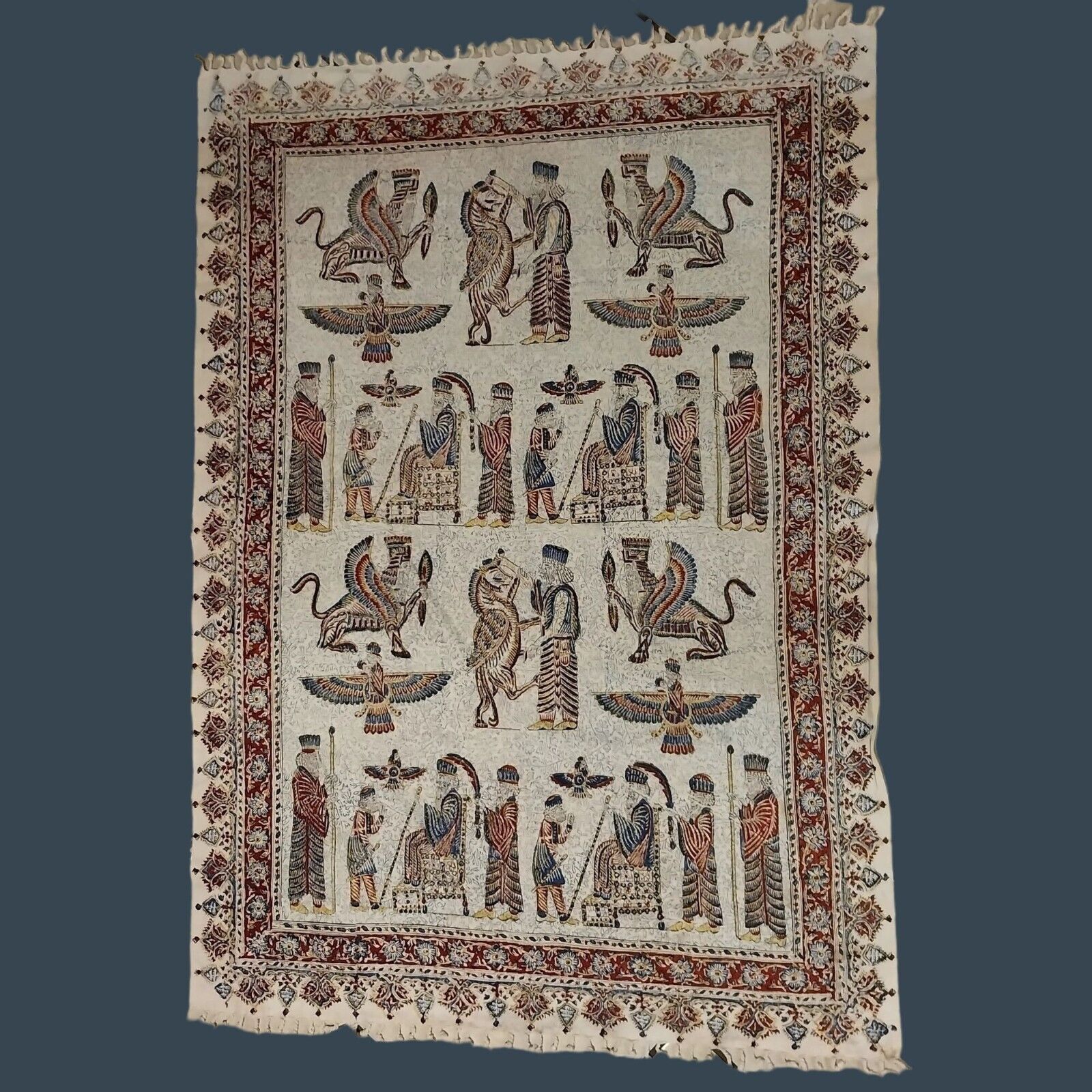 Vintage 1990s Isfahan Cotton Textile Tablecloth Zoroastrian Design