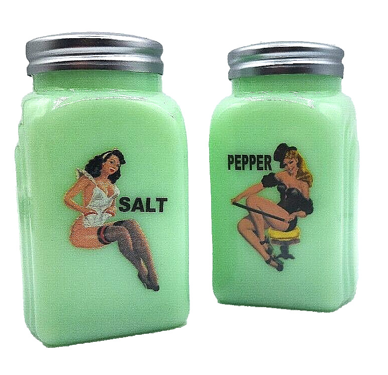 JADEITE GREEN DEPRESSION ARCH STYLE PIN UP GIRLS GLASS SALT & PEPPER SHAKERS