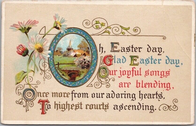 c1910s EASTER Embossed Greetings Postcard Church Scene \