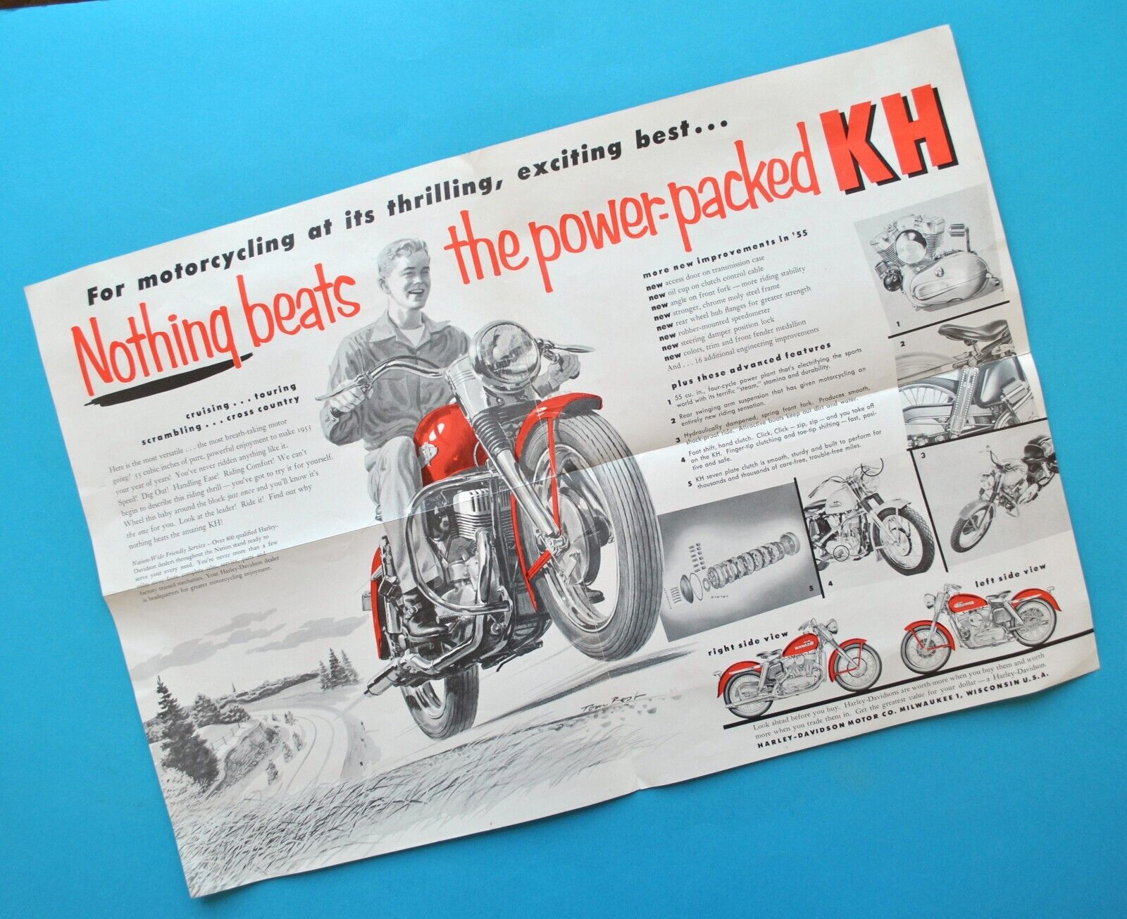Original Vintage 1955 Harley Davidson Brochure KH Sportster Motorcycle Poster