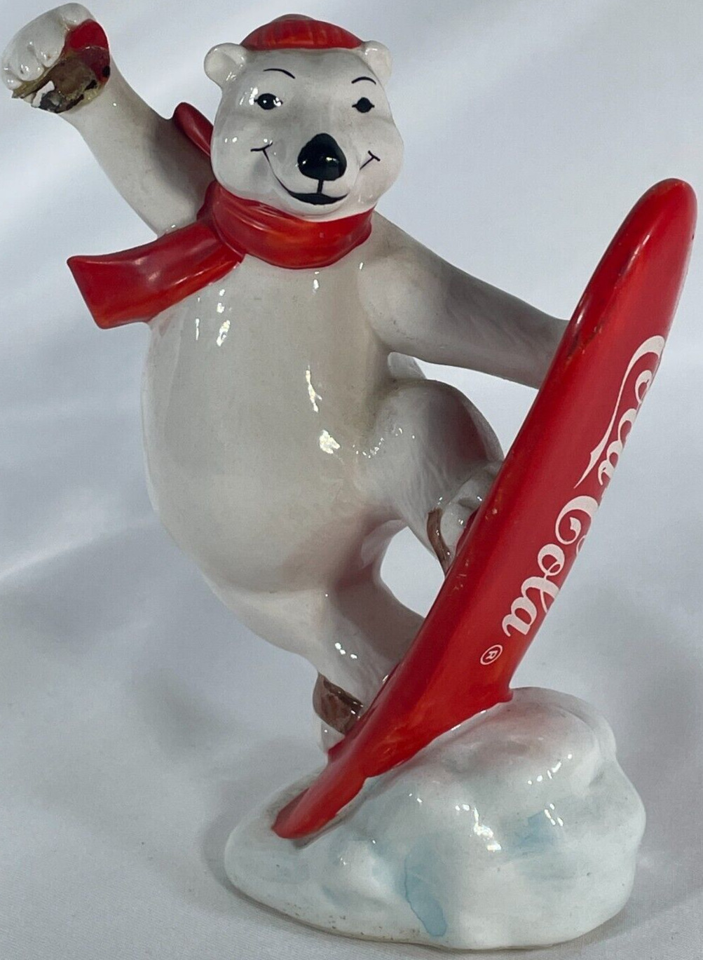 Ceramic Coca Cola Polar Bear Figurine Snowboarding 157910 Christmas Decor Used
