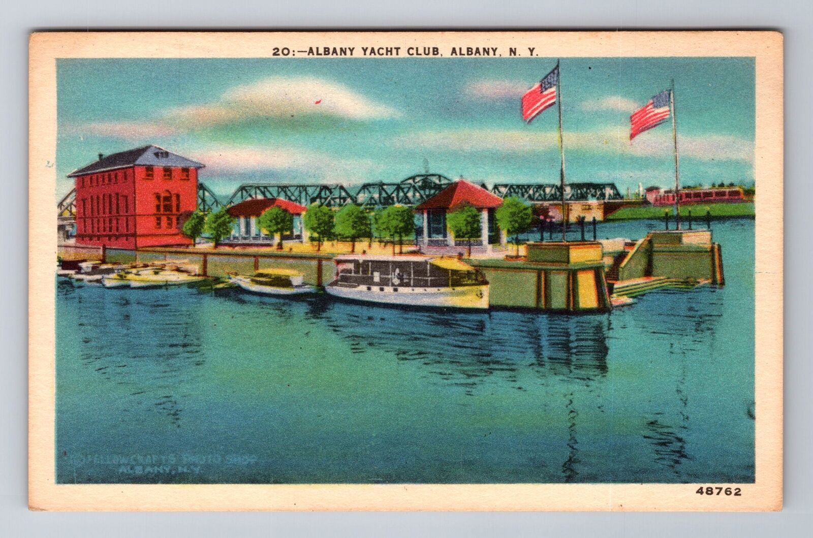 Albany NY-New York, Yacht Club, Dock, Boats, Bridge, Antique Vintage Postcard