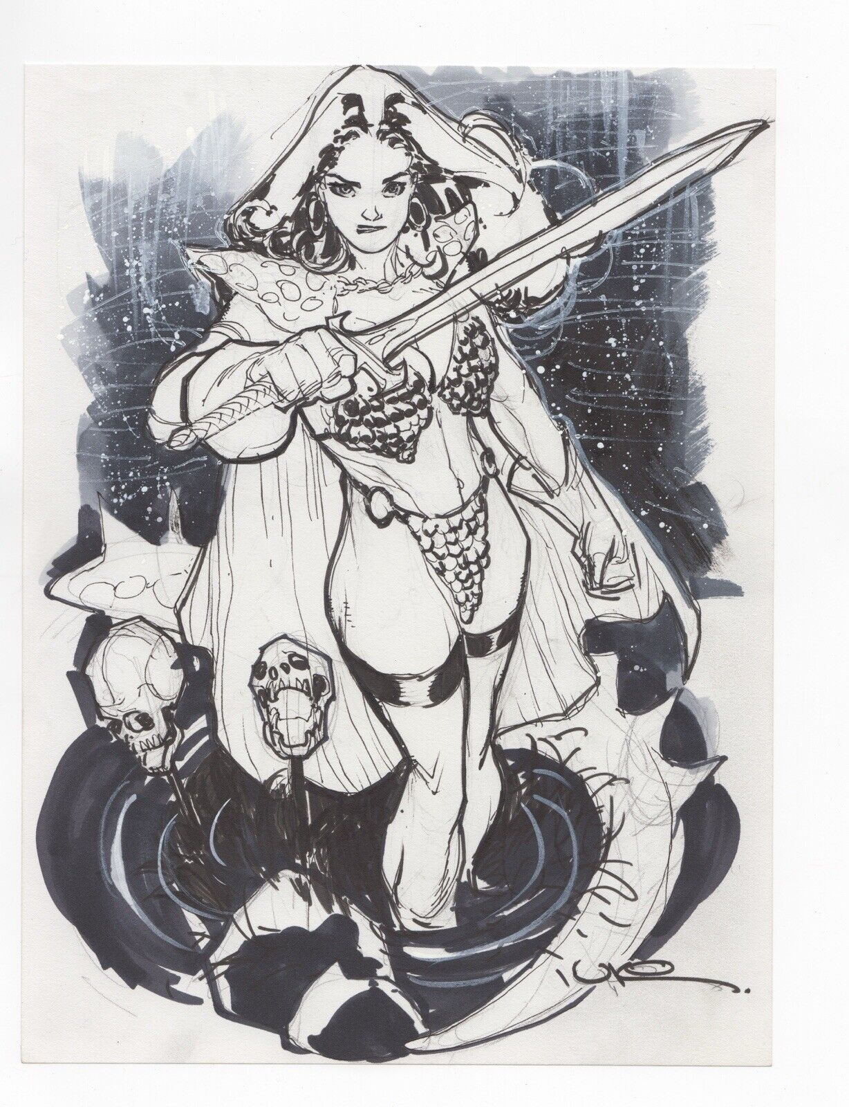 Signed Original Art Uko Smith Red Sonja Watercolor/Wash Commission