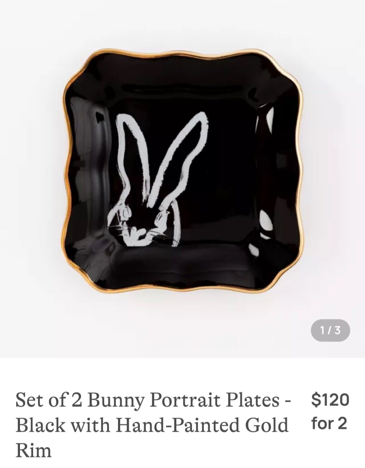 Hunt Slonem Set of 5 Bunny Portrait Plates - Black with Hand-Painted Gold Rim