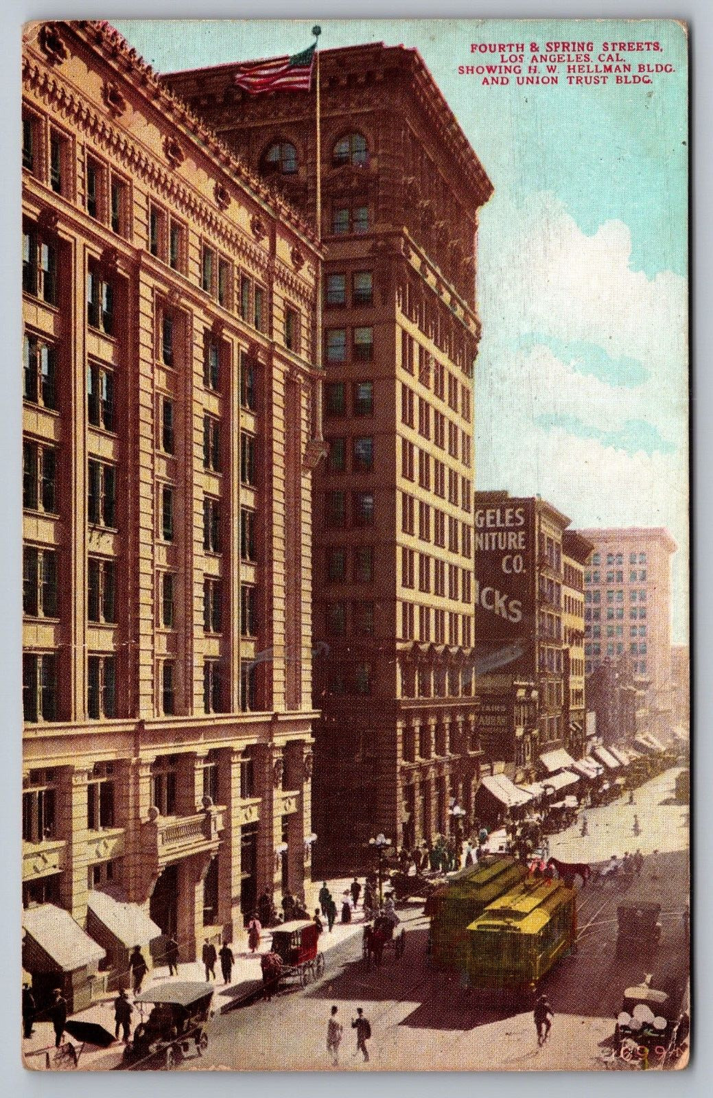 4th & Spring Streets Los Angeles California — Antique Postcard c. 1912 (Rare)